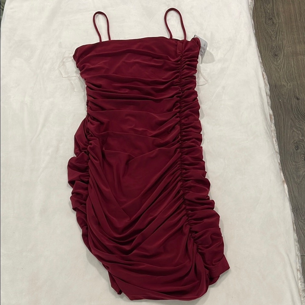 Windsor Red Ruched Spaghetti Strap Mini Dress